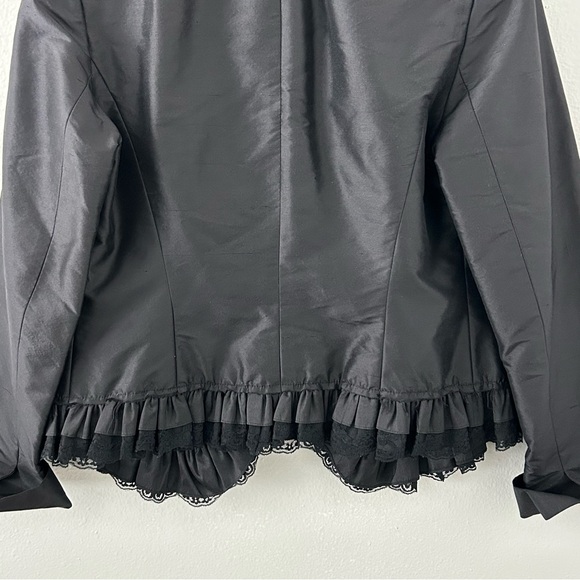VTG Lafayette 148 Black 100% Silk Ruched Ruffle Lace Trim Jacket Blazer Womens 4 - Picture 8 of 10